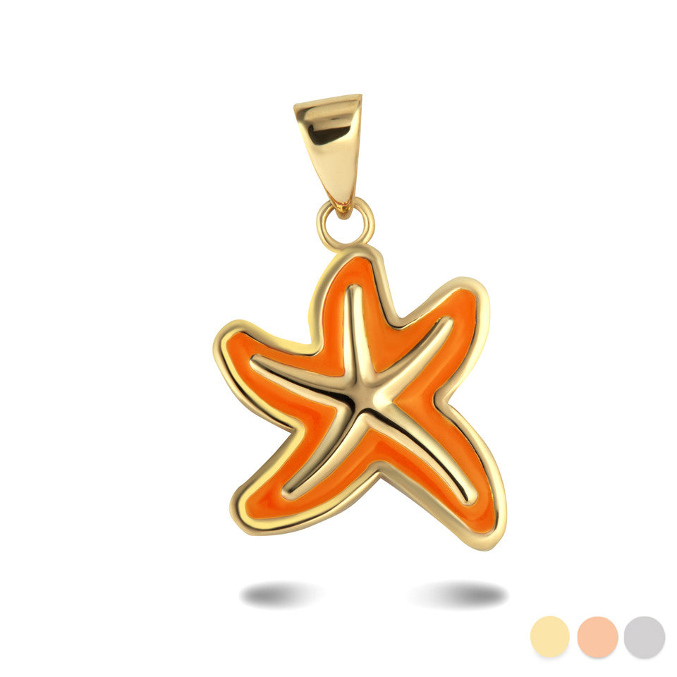Gold Orange Enamel Sea Starfish Ocean Pendant Necklace