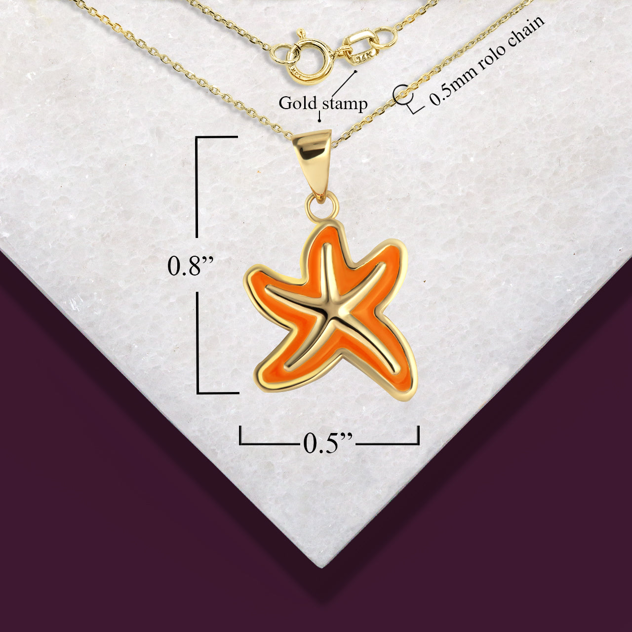 Gold Orange Enamel Sea Starfish Ocean Pendant Necklace, view 3