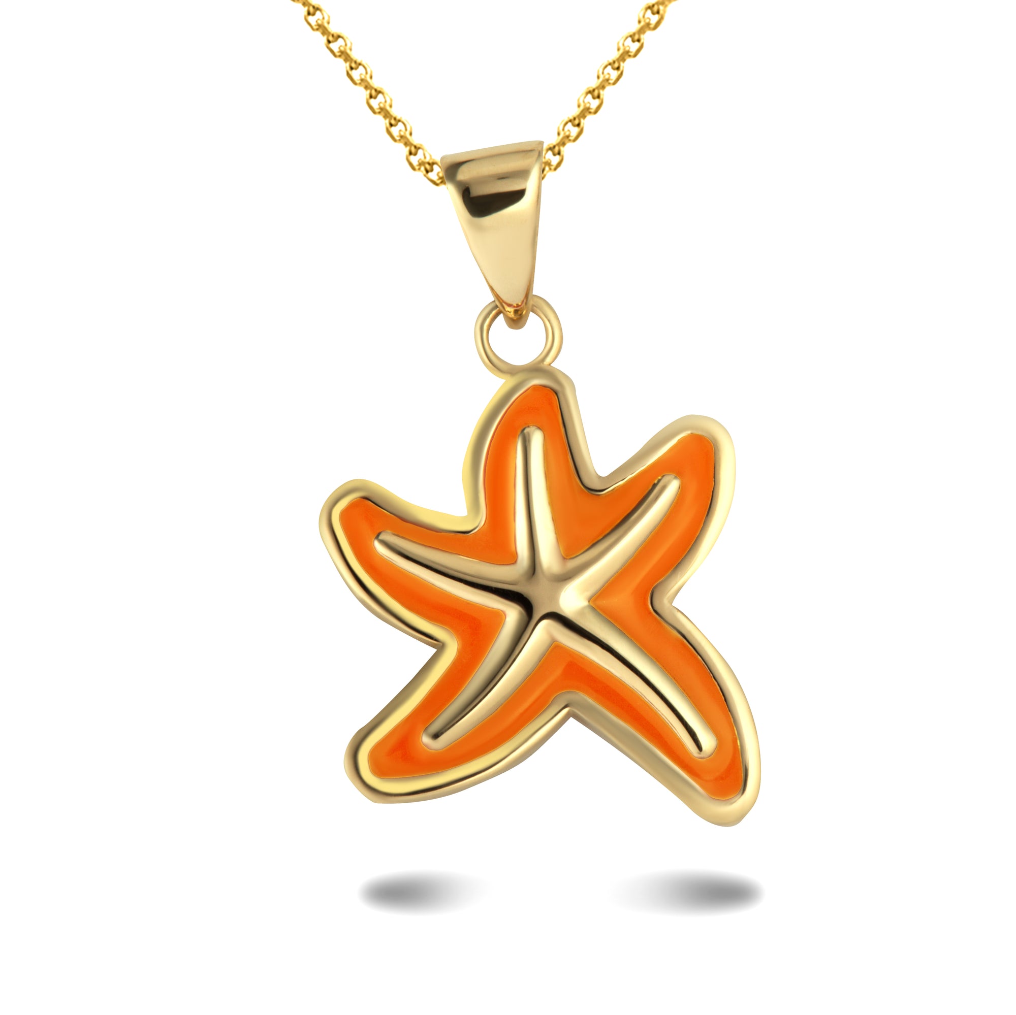 Gold Orange Enamel Sea Starfish Ocean Pendant Necklace, view 4