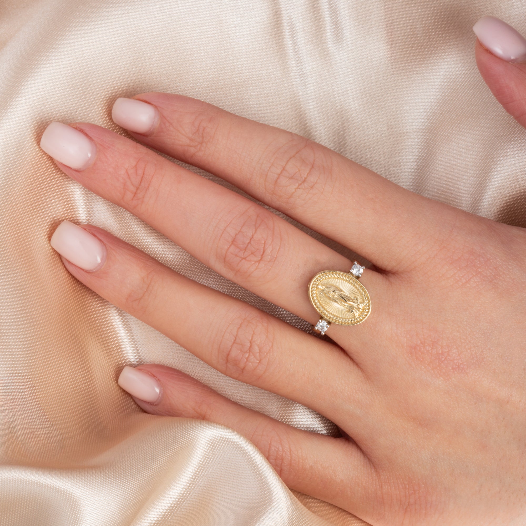 Gold Our Lady Of Guadalupe Oval Rope Signet Ring, view 2
