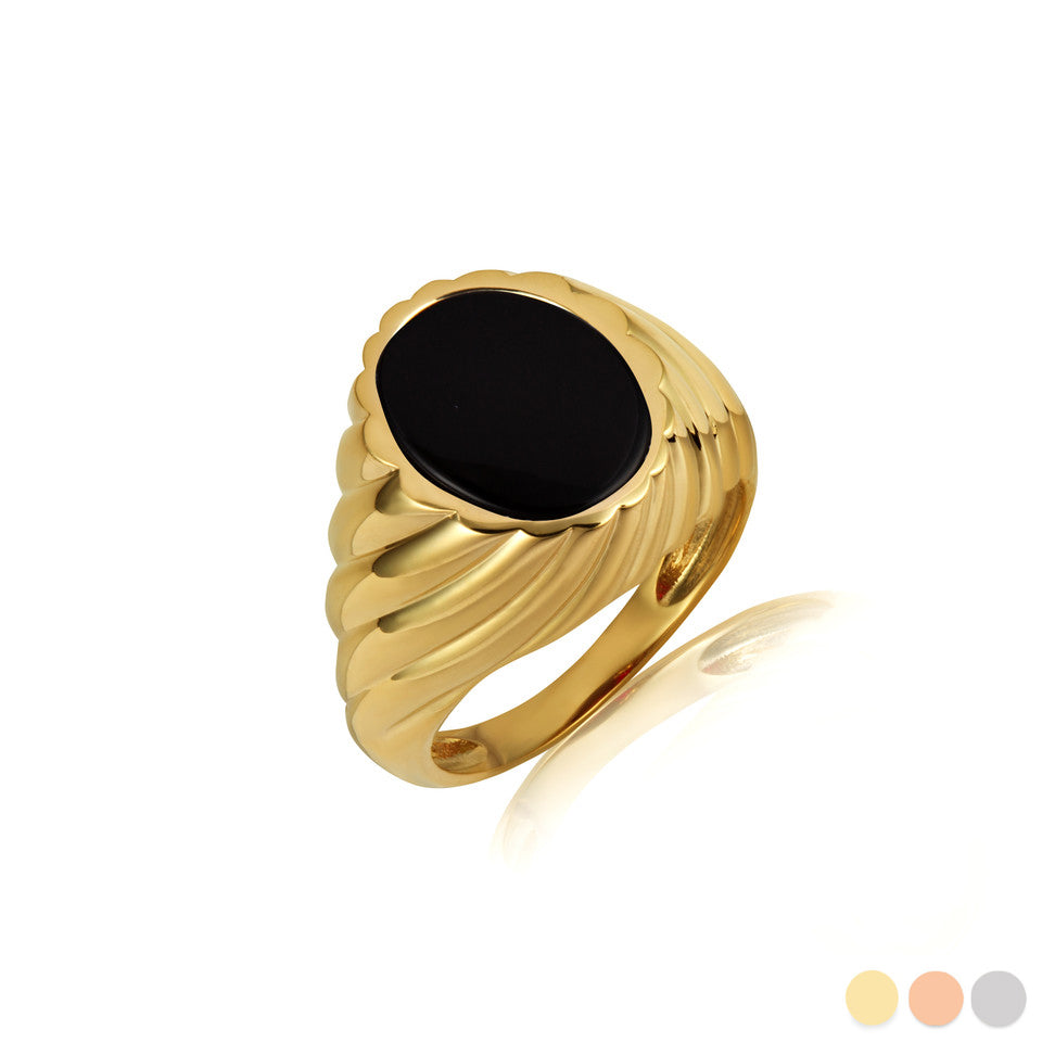 Gold Oval Black Onyx Gemstone Swirl Ribbed Men's Ring