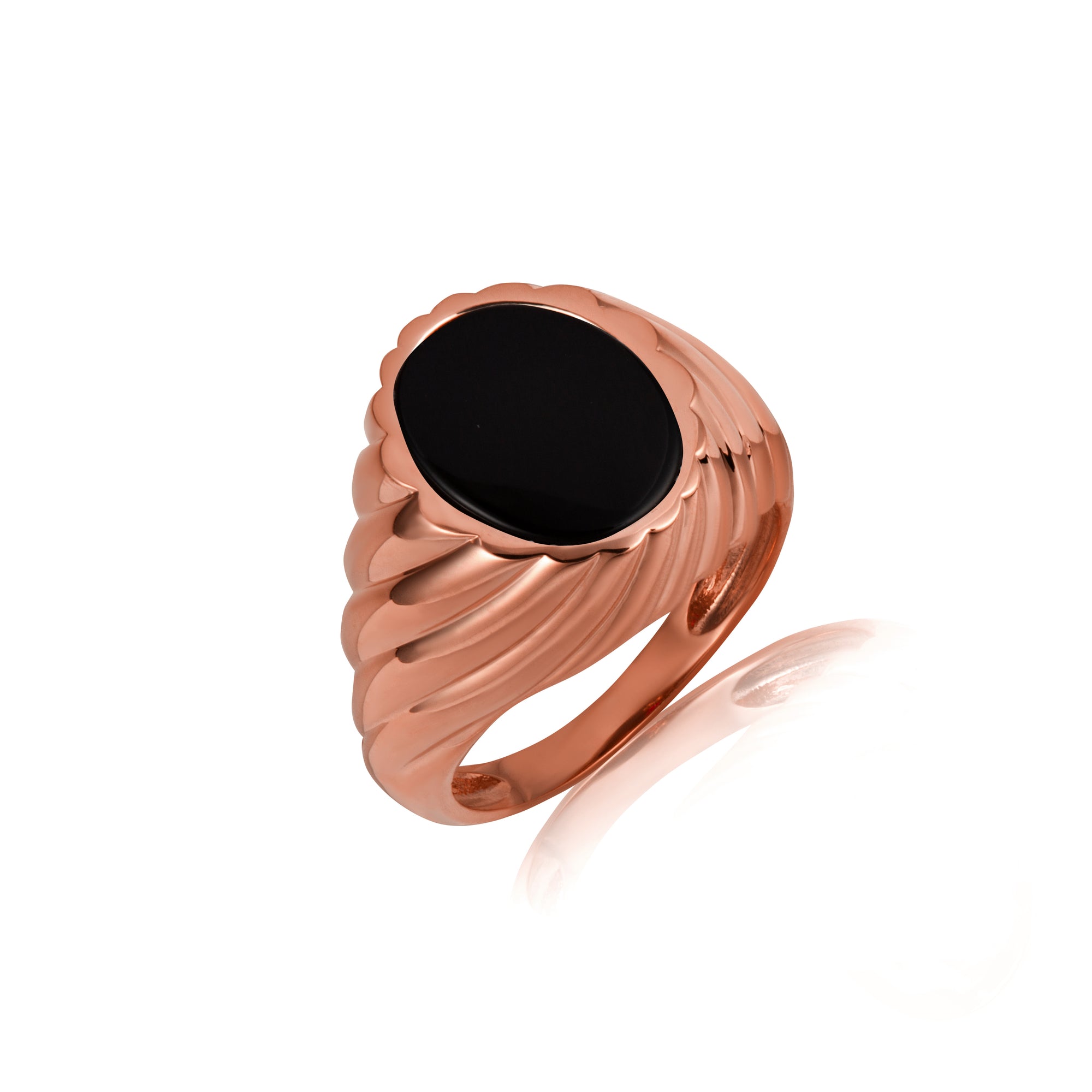 Gold Oval Black Onyx Gemstone Swirl Ribbed Men's Ring, view 3