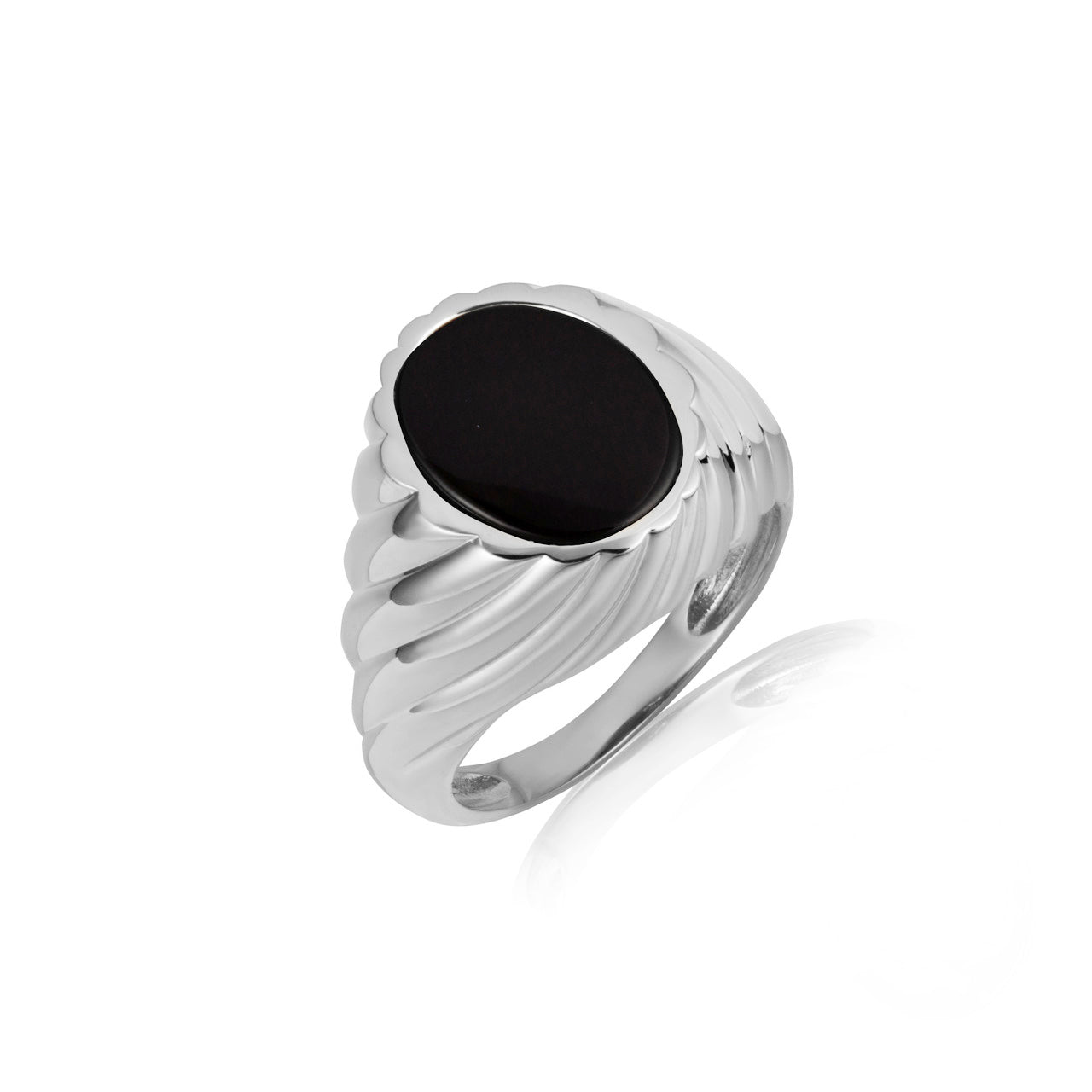 Gold Oval Black Onyx Gemstone Swirl Ribbed Men's Ring, view 4