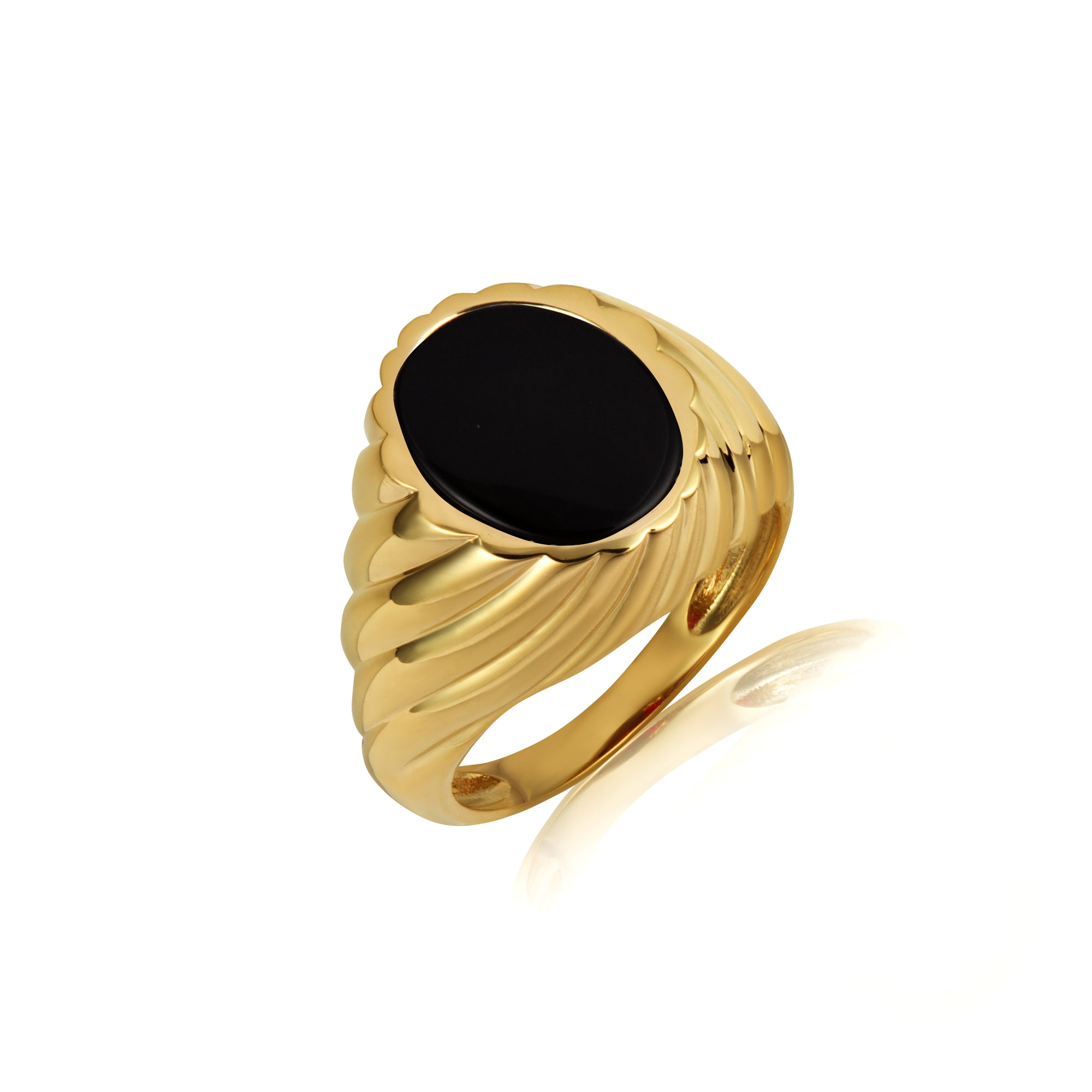Gold Oval Black Onyx Gemstone Swirl Ribbed Men's Ring, view 5