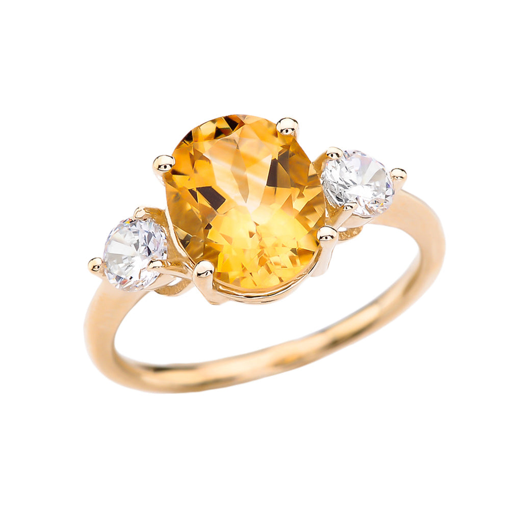 Gold Oval Cut Citrine & White Topaz Birthstone Engagement Ring