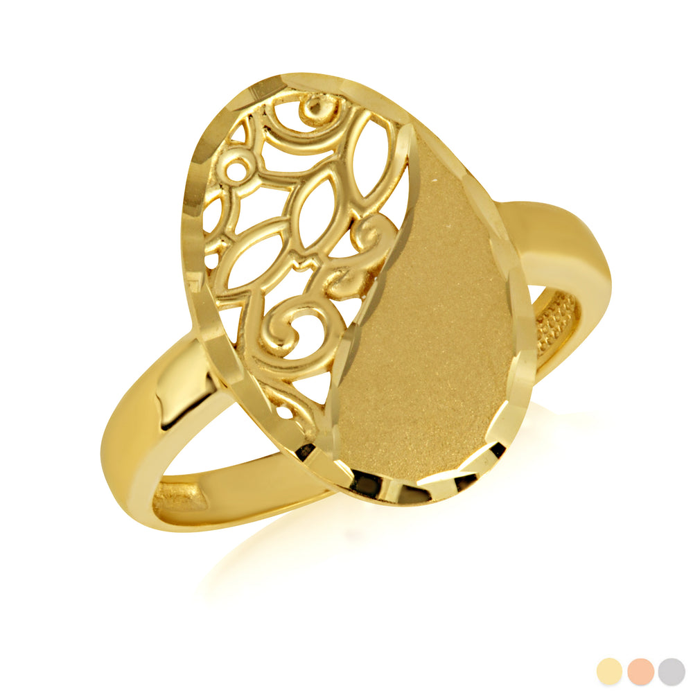 Gold Oval Diamond Cut Floral Statement Ring