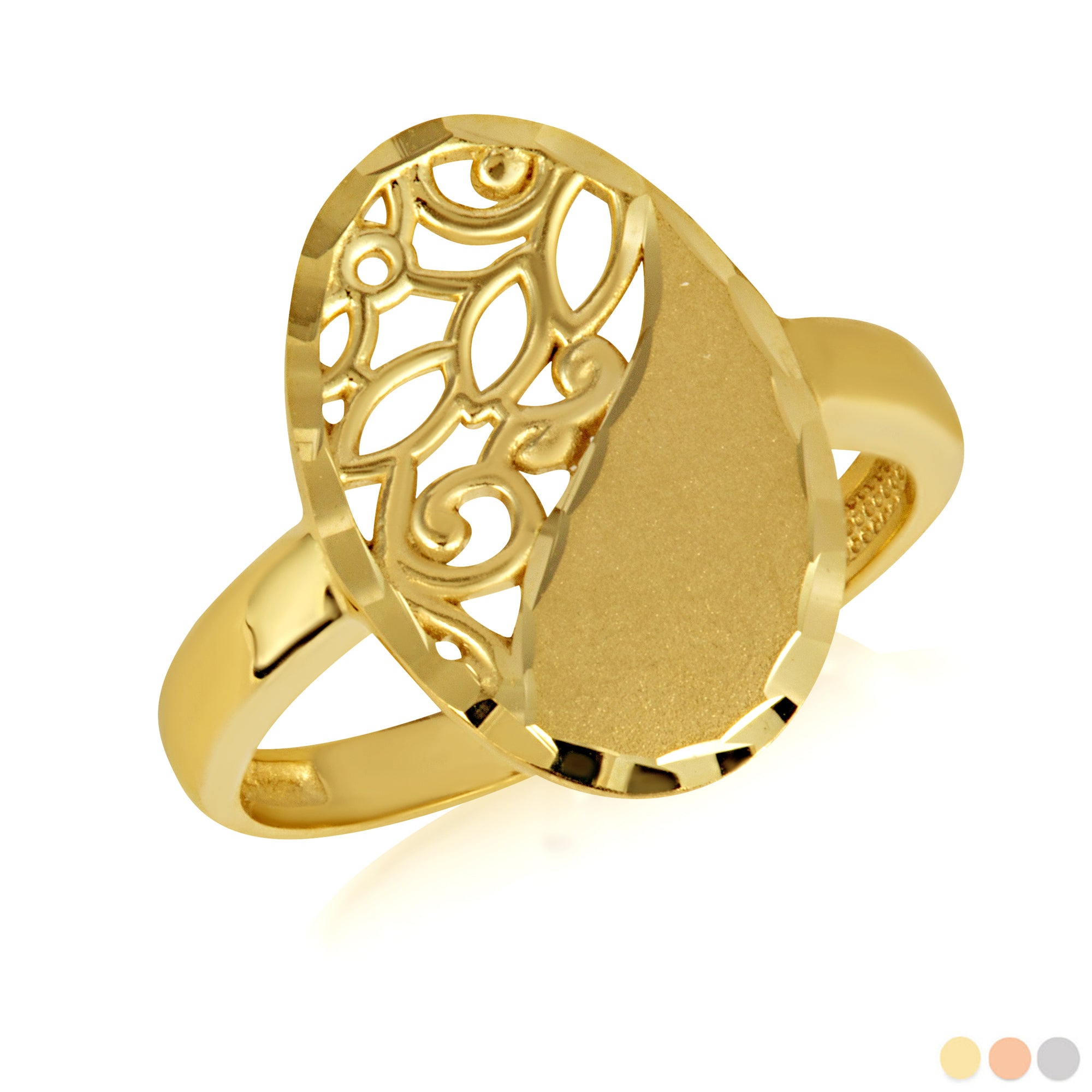 Gold Oval Diamond Cut Floral Statement Ring