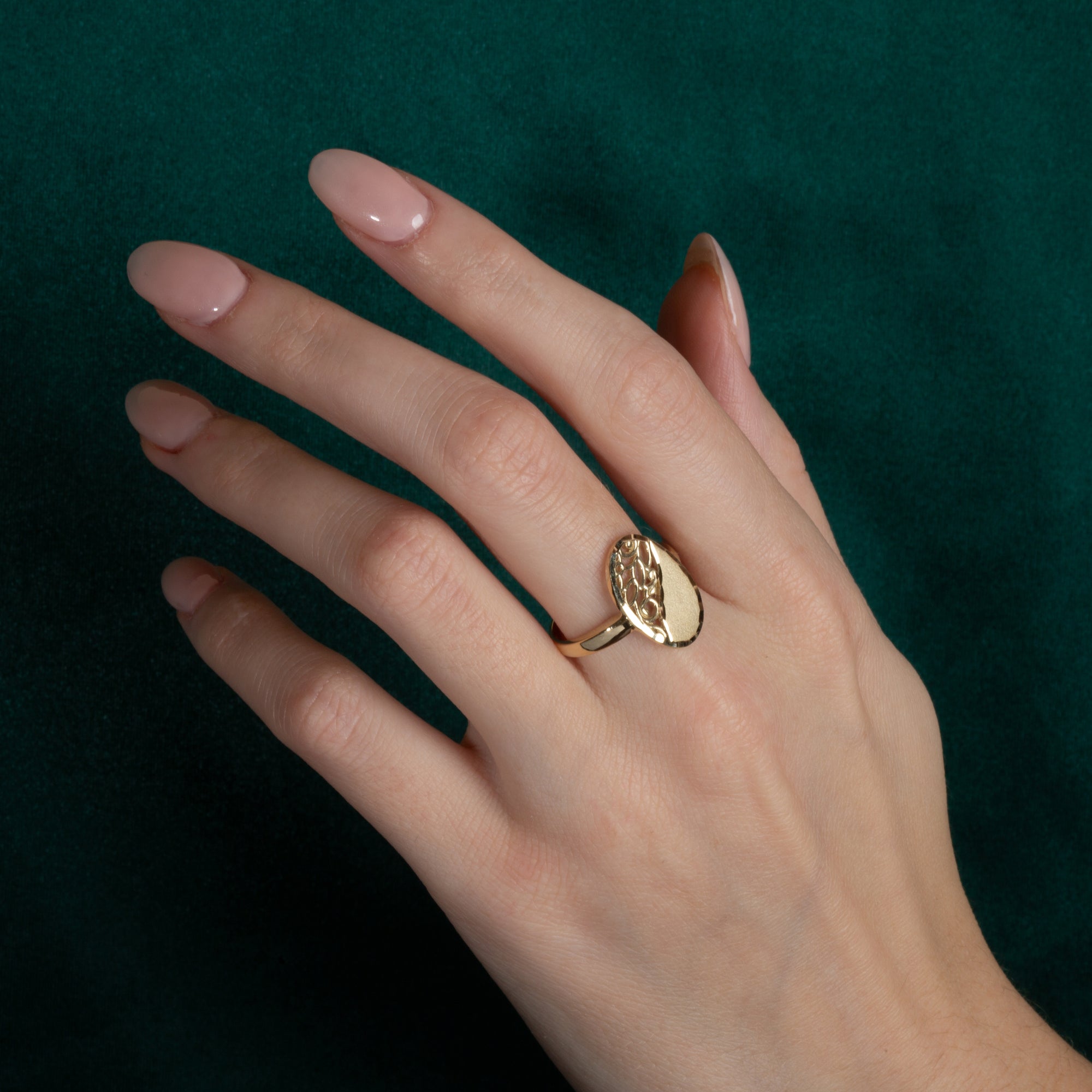 Gold Oval Diamond Cut Floral Statement Ring, view 2