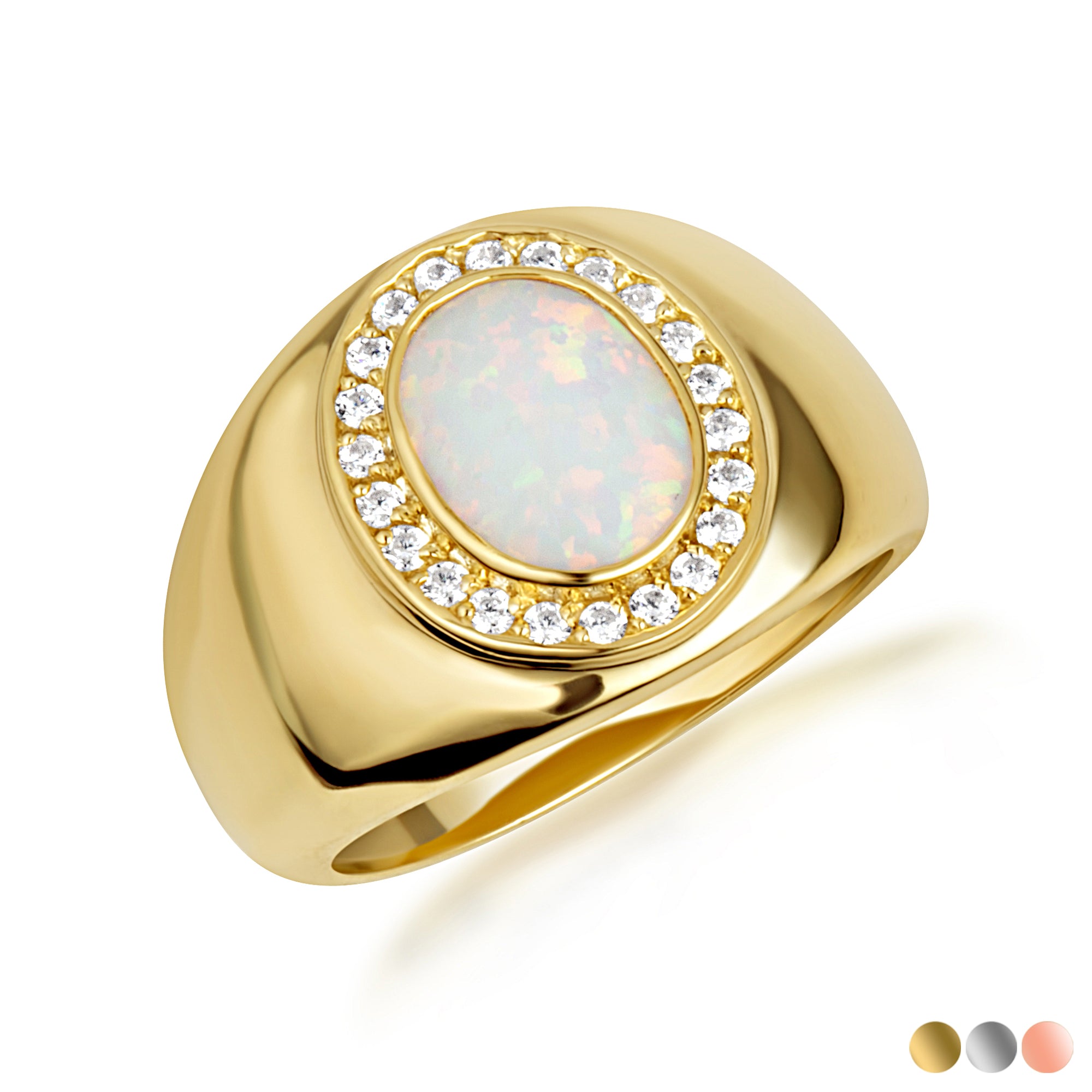 Gold Oval Natural Opal Gemstone Diamond Halo Signet Ring