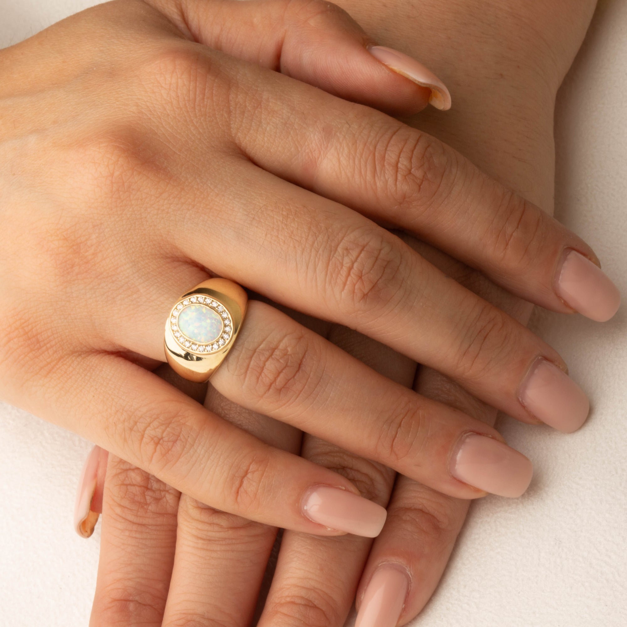 Gold Oval Natural Opal Gemstone Diamond Halo Signet Ring, view 2