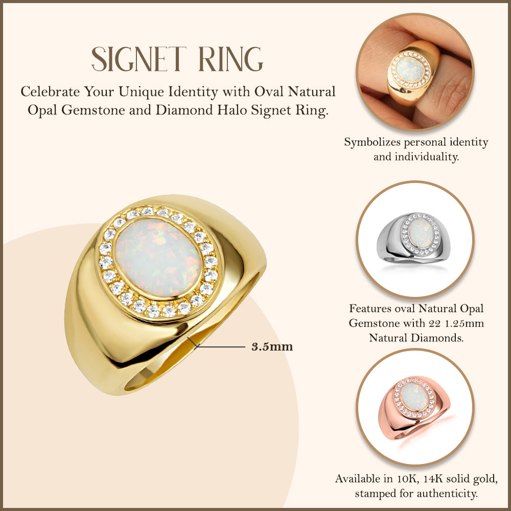 Gold Oval Natural Opal Gemstone Diamond Halo Signet Ring, view 3