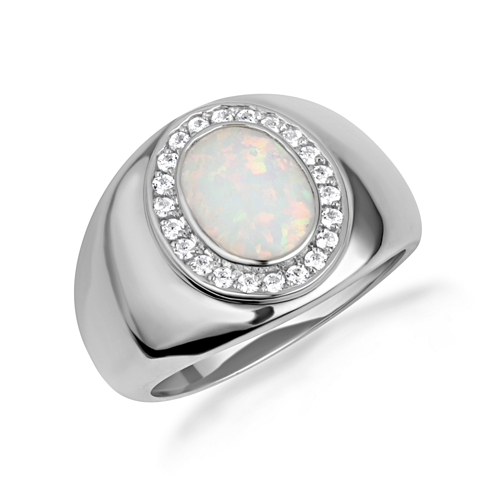 Gold Oval Natural Opal Gemstone Diamond Halo Signet Ring, view 4