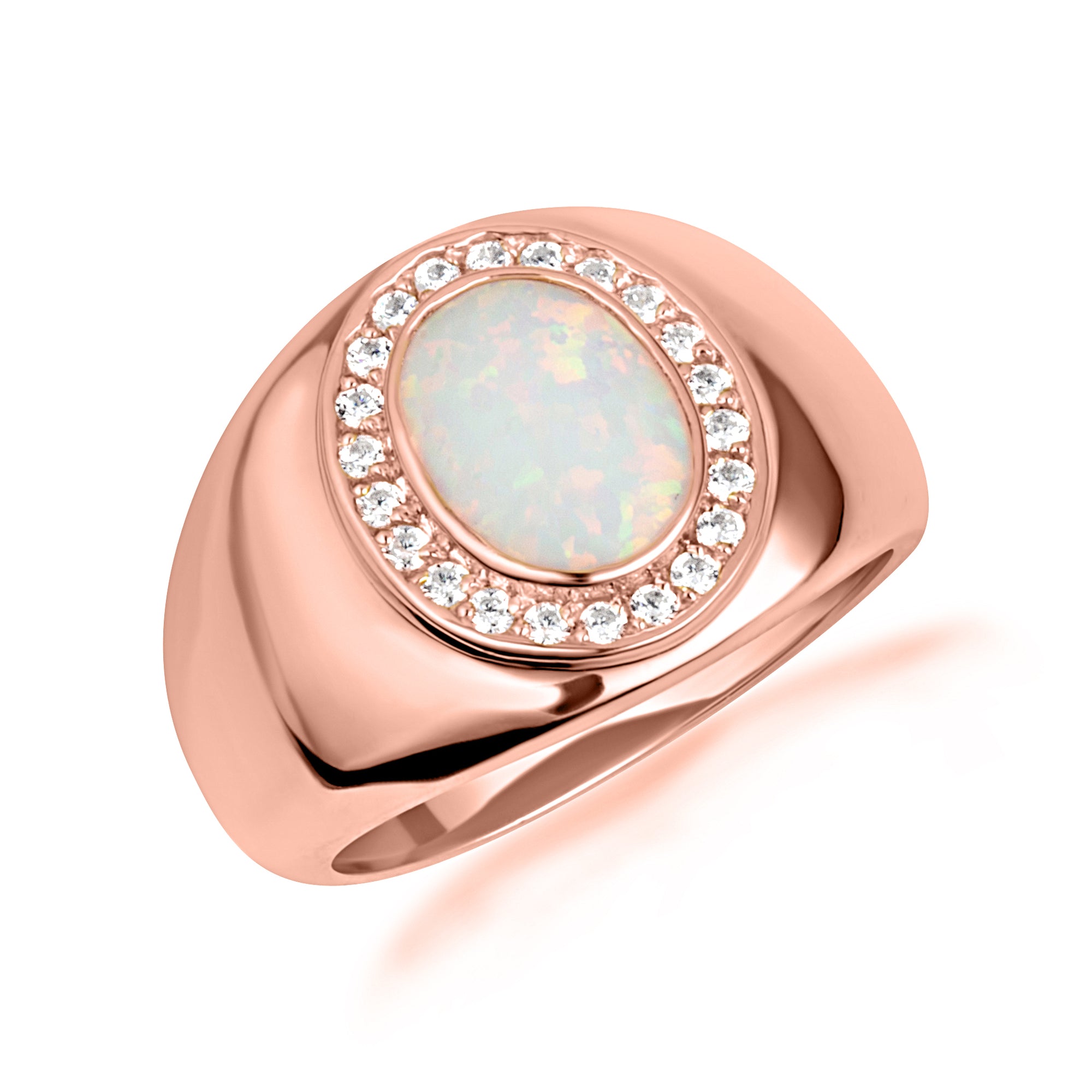 Gold Oval Natural Opal Gemstone Diamond Halo Signet Ring, view 5