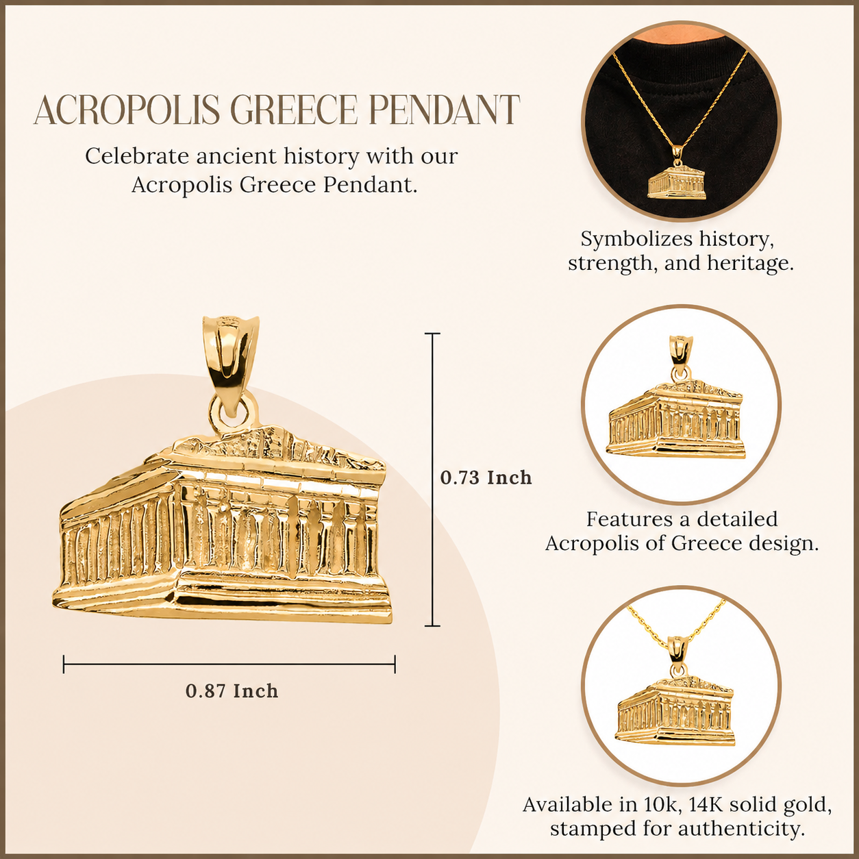 Gold Parthenon In Acropolis Greece Pendant Necklace, view 3