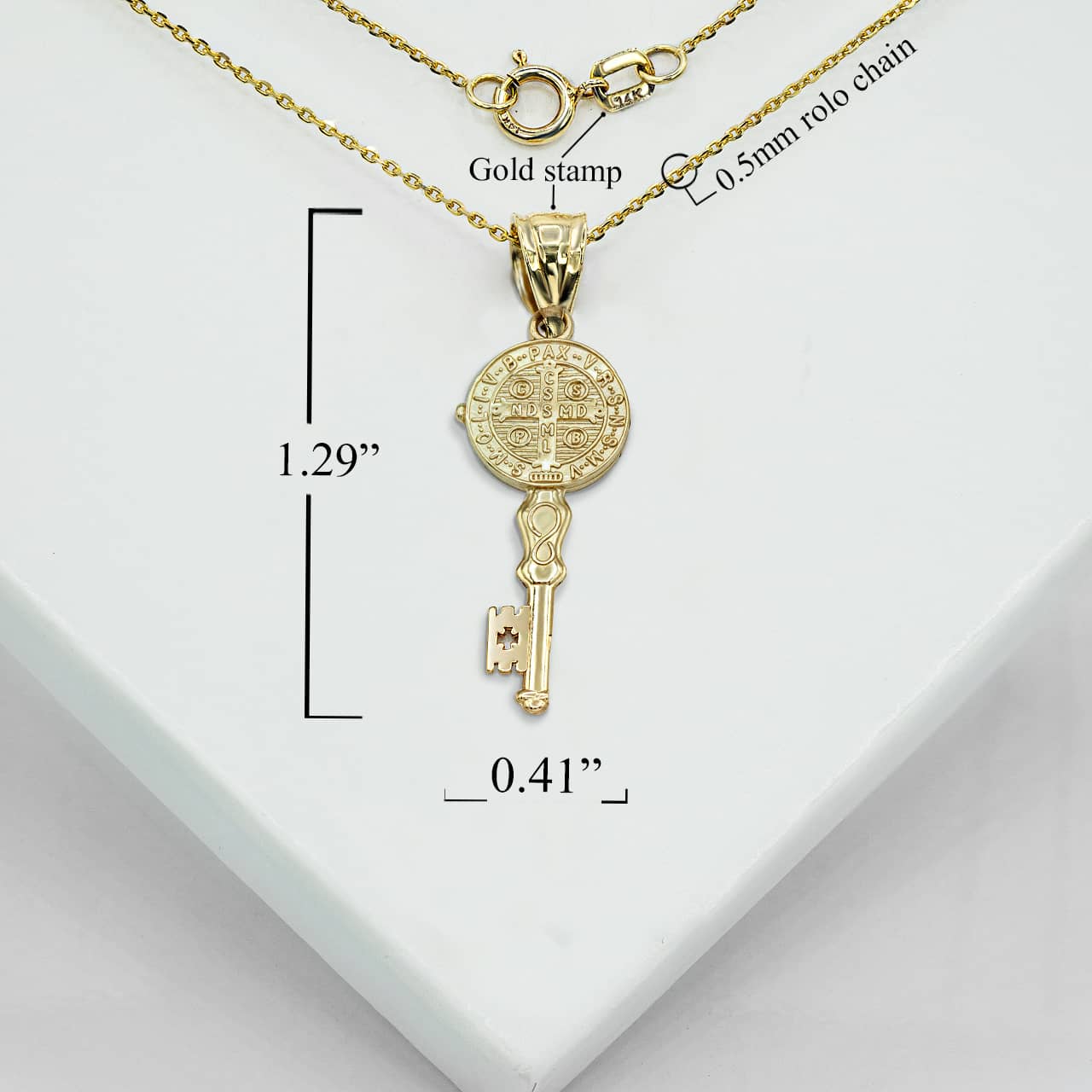 Gold Patron Saint Benedict Medal Key Pendant Necklace, view 3