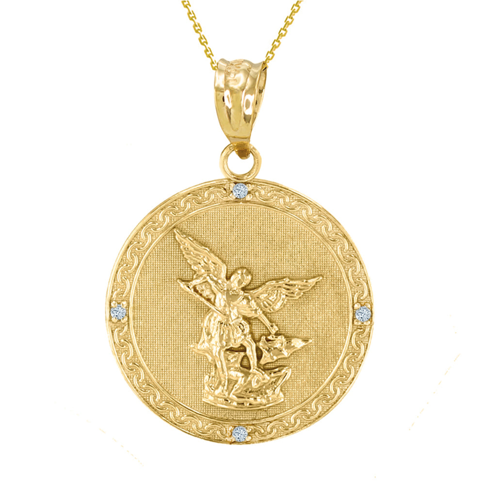 Gold Patron Saint Michael Archangel Diamond Medallion Pendant Necklace