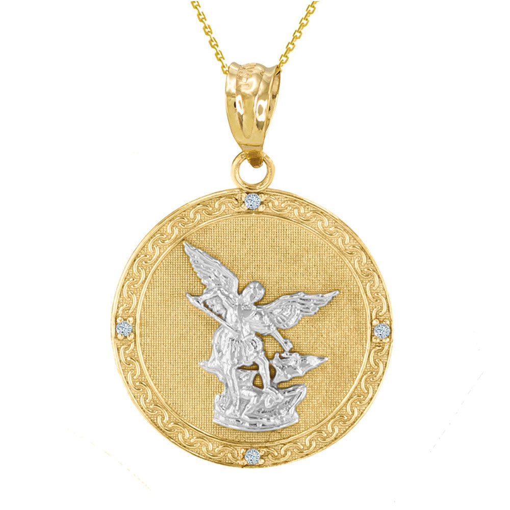Gold Patron Saint Michael Archangel Diamond Medallion Pendant Necklace, view 2