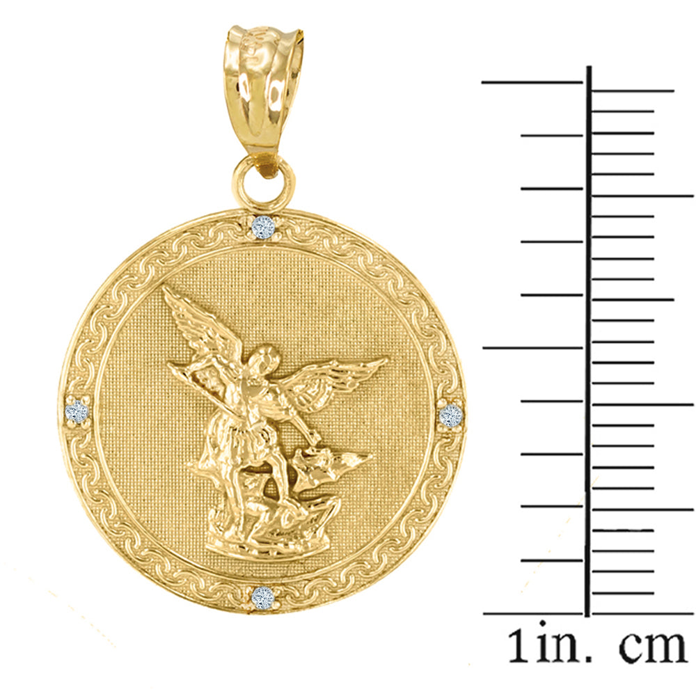 Gold Patron Saint Michael Archangel Diamond Medallion Pendant Necklace, view 4