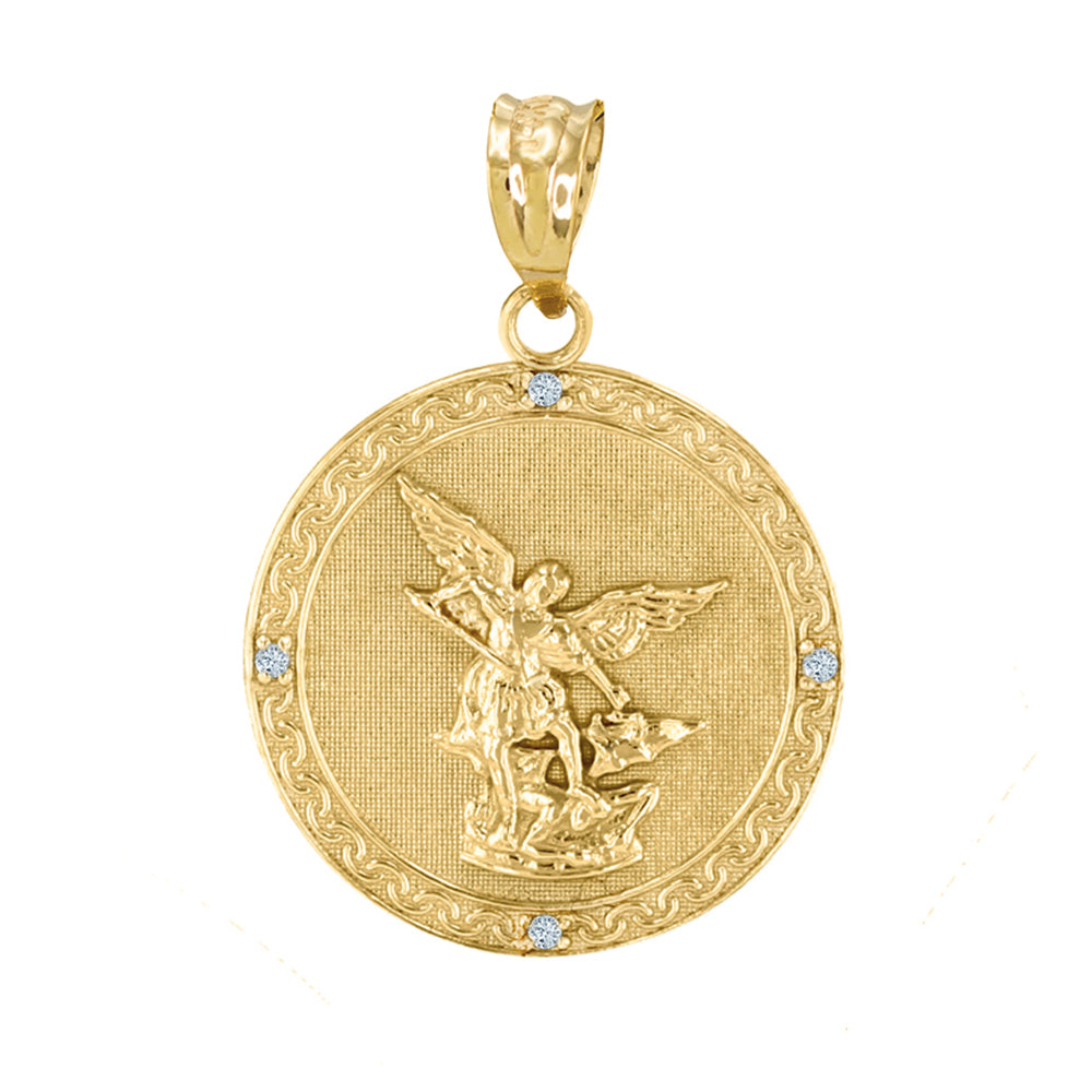 Gold Patron Saint Michael Archangel Diamond Medallion Pendant Necklace, view 5