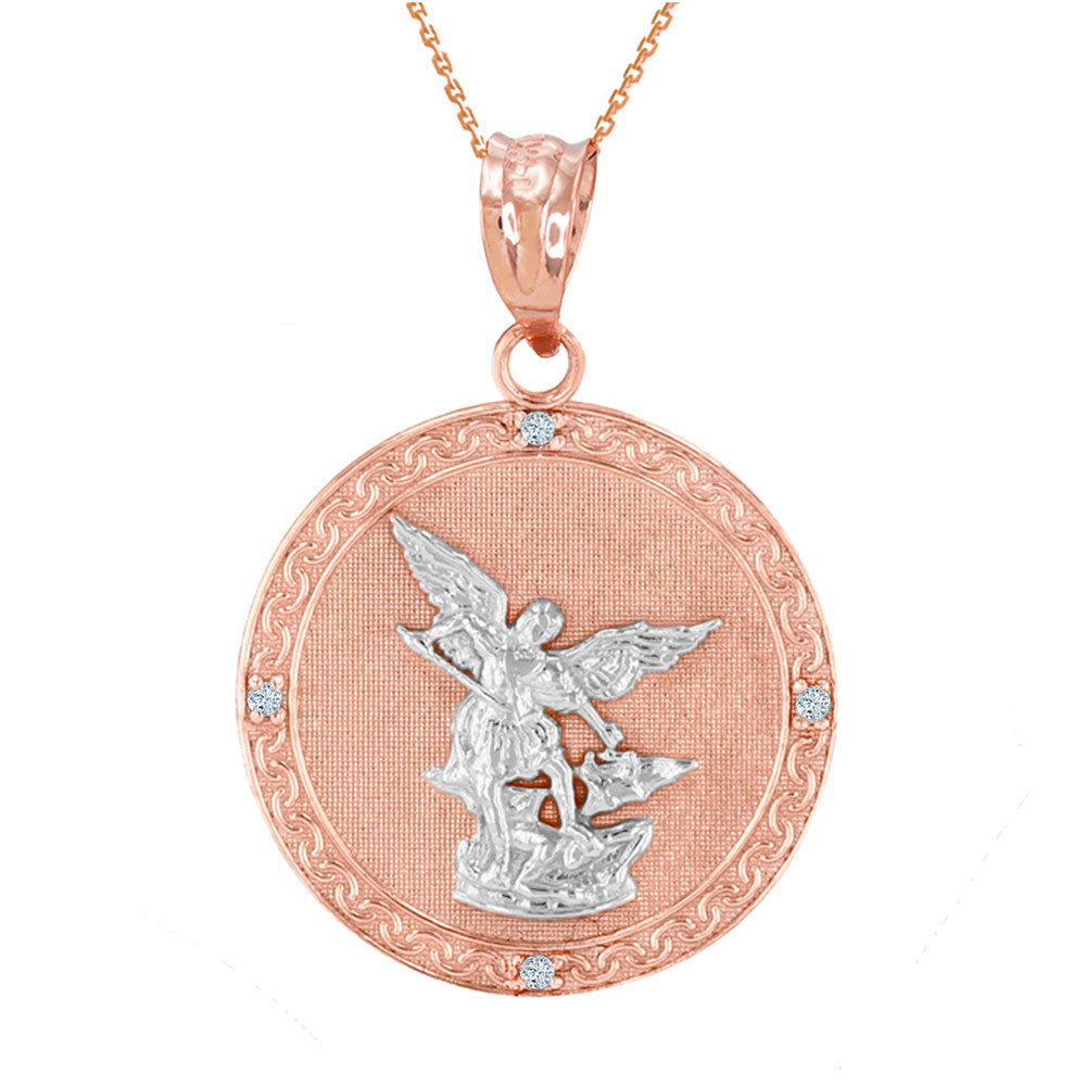 Gold Patron Saint Michael Archangel Diamond Medallion Pendant Necklace, view 6