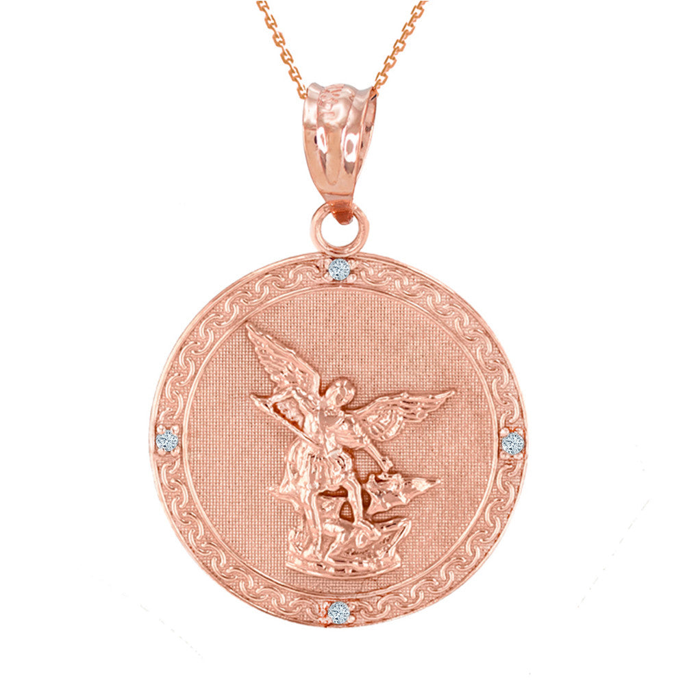 Gold Patron Saint Michael Archangel Diamond Medallion Pendant Necklace, view 7