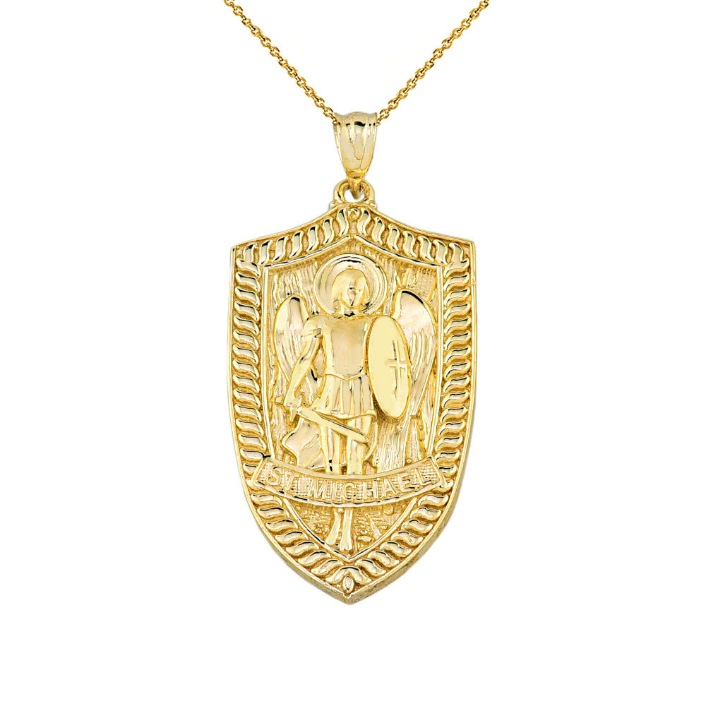 Gold Patron Saint Michael Archangel Shield Pendant Necklace