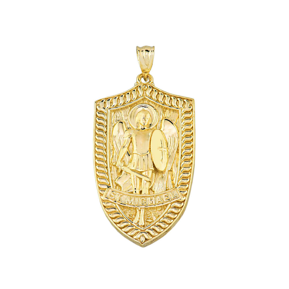 Gold Patron Saint Michael Archangel Shield Pendant Necklace, view 2