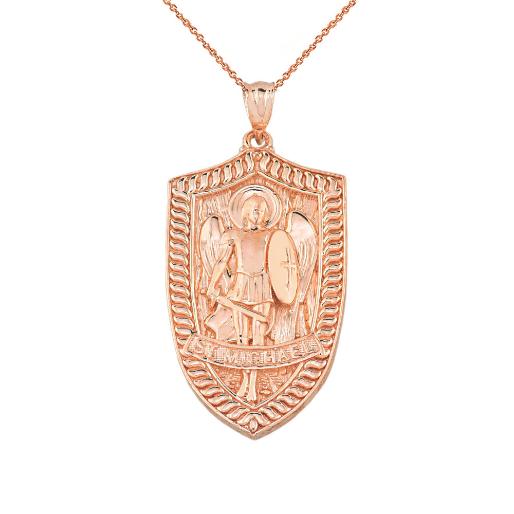 Gold Patron Saint Michael Archangel Shield Pendant Necklace, view 5
