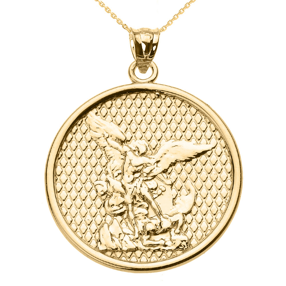 Gold Patron Saint Michael Archangel Textured Medallion Pendant Necklace