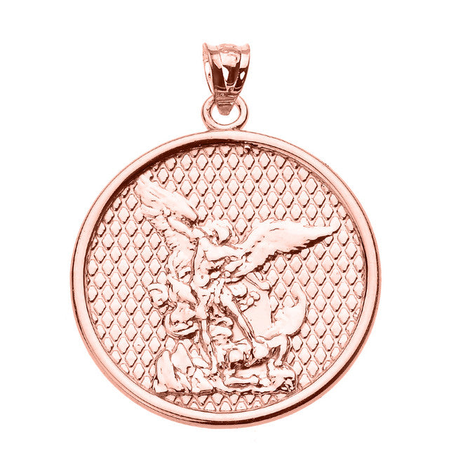 Gold Patron Saint Michael Archangel Textured Medallion Pendant Necklace, view 3