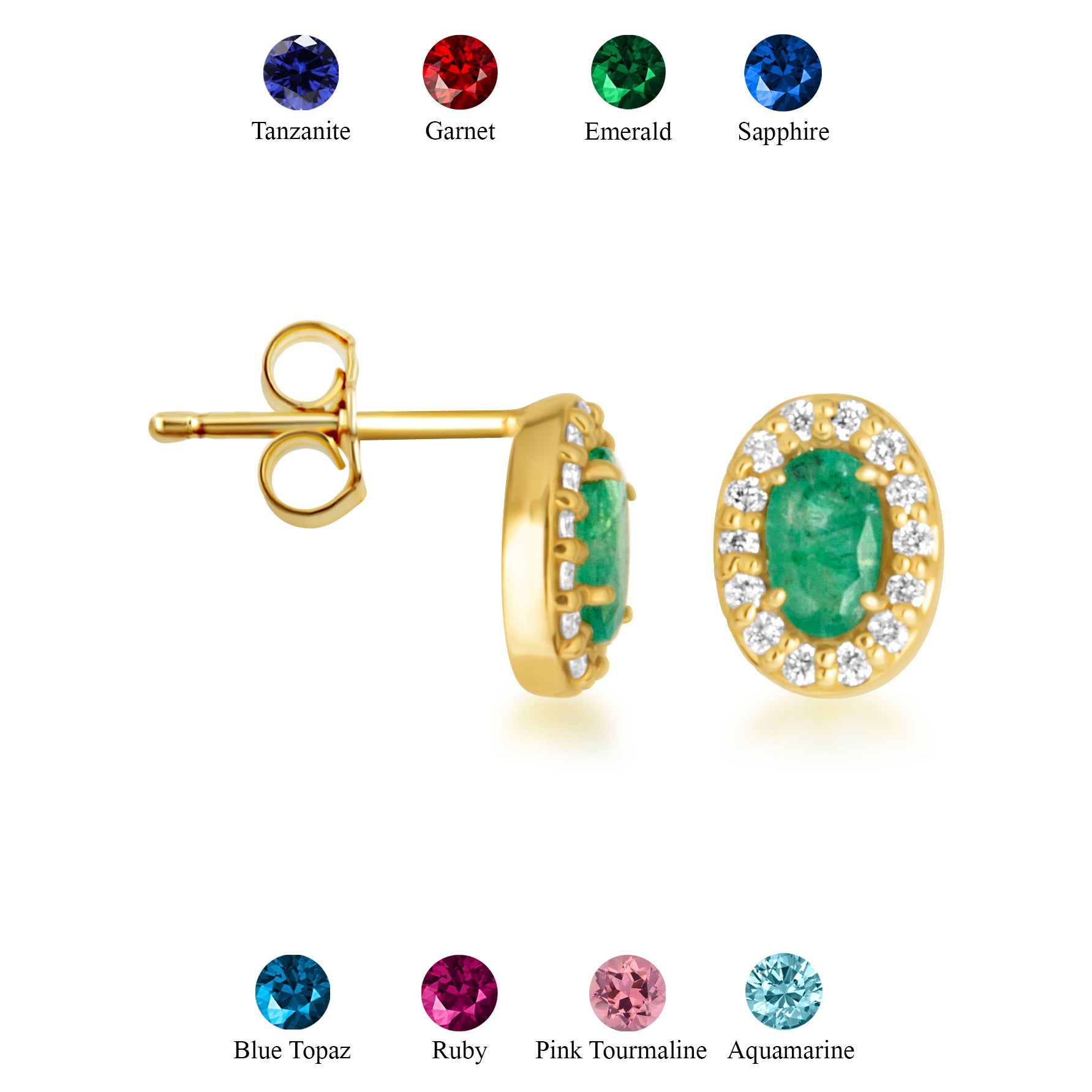 Gold Personalized Genuine Gemstone Halo Stud Earrings