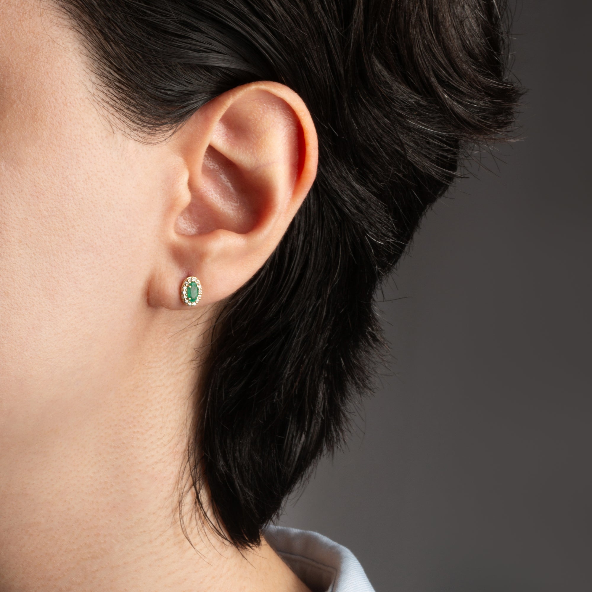 Gold Personalized Genuine Gemstone Halo Stud Earrings, view 2