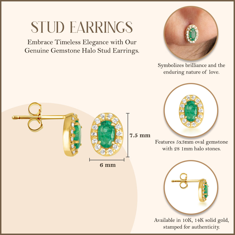 Gold Personalized Genuine Gemstone Halo Stud Earrings, view 3