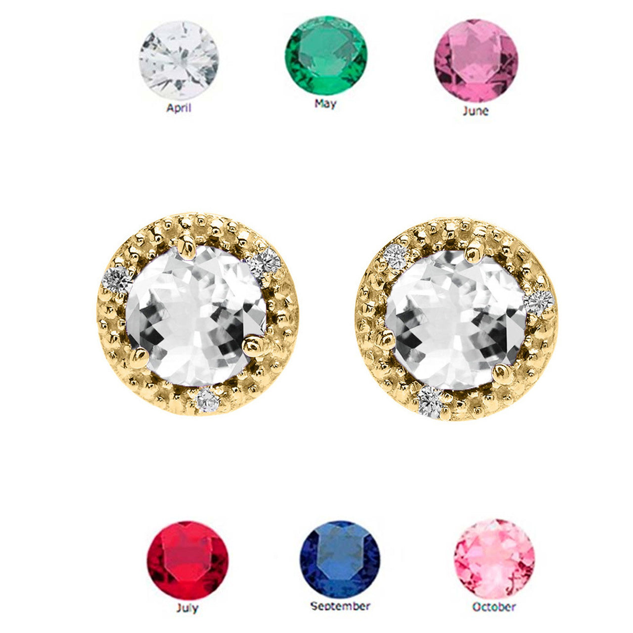 Gold Personalized Lab Created Birthstone Diamond Halo Stud Earrings