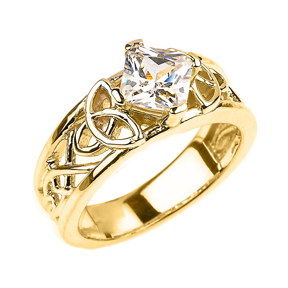 Gold Princess Cut Cubic Zirconia Irish Celtic Trinity Knot Band Ring