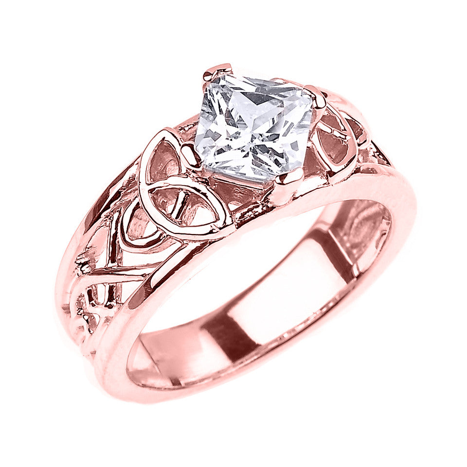 Gold Princess Cut Cubic Zirconia Irish Celtic Trinity Knot Band Ring, view 2