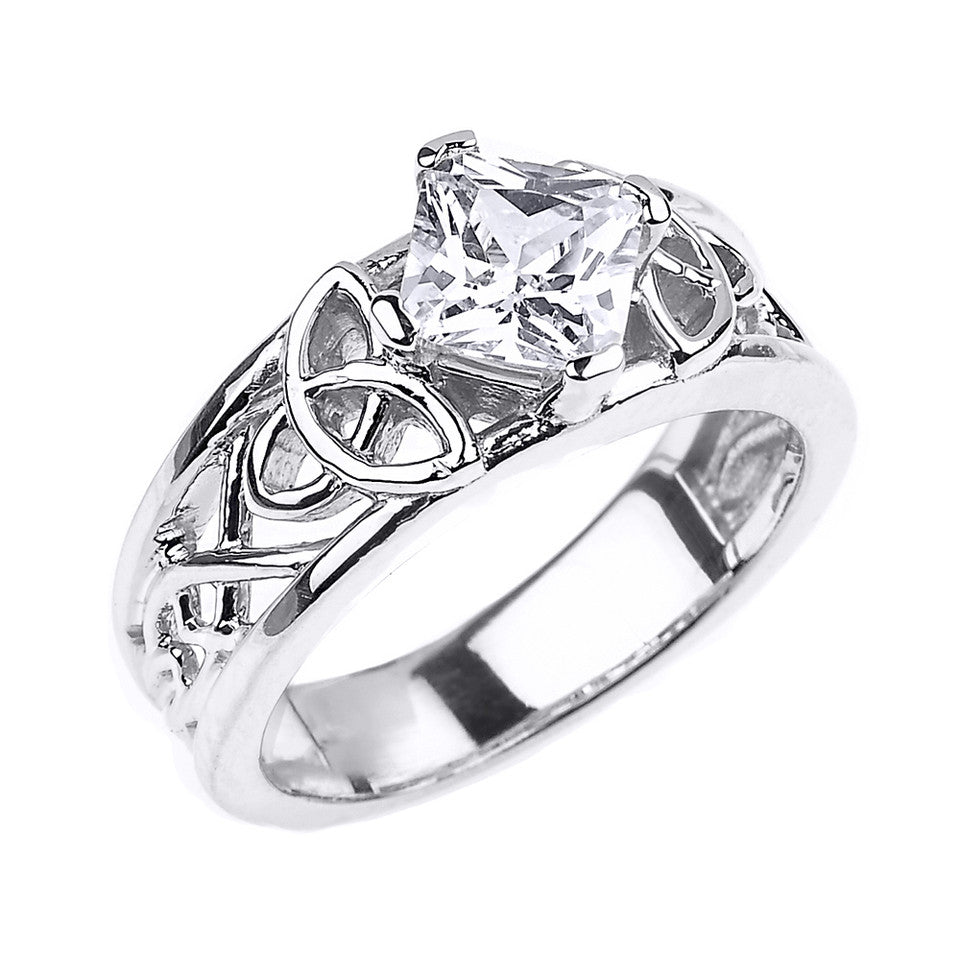Gold Princess Cut Cubic Zirconia Irish Celtic Trinity Knot Band Ring, view 3