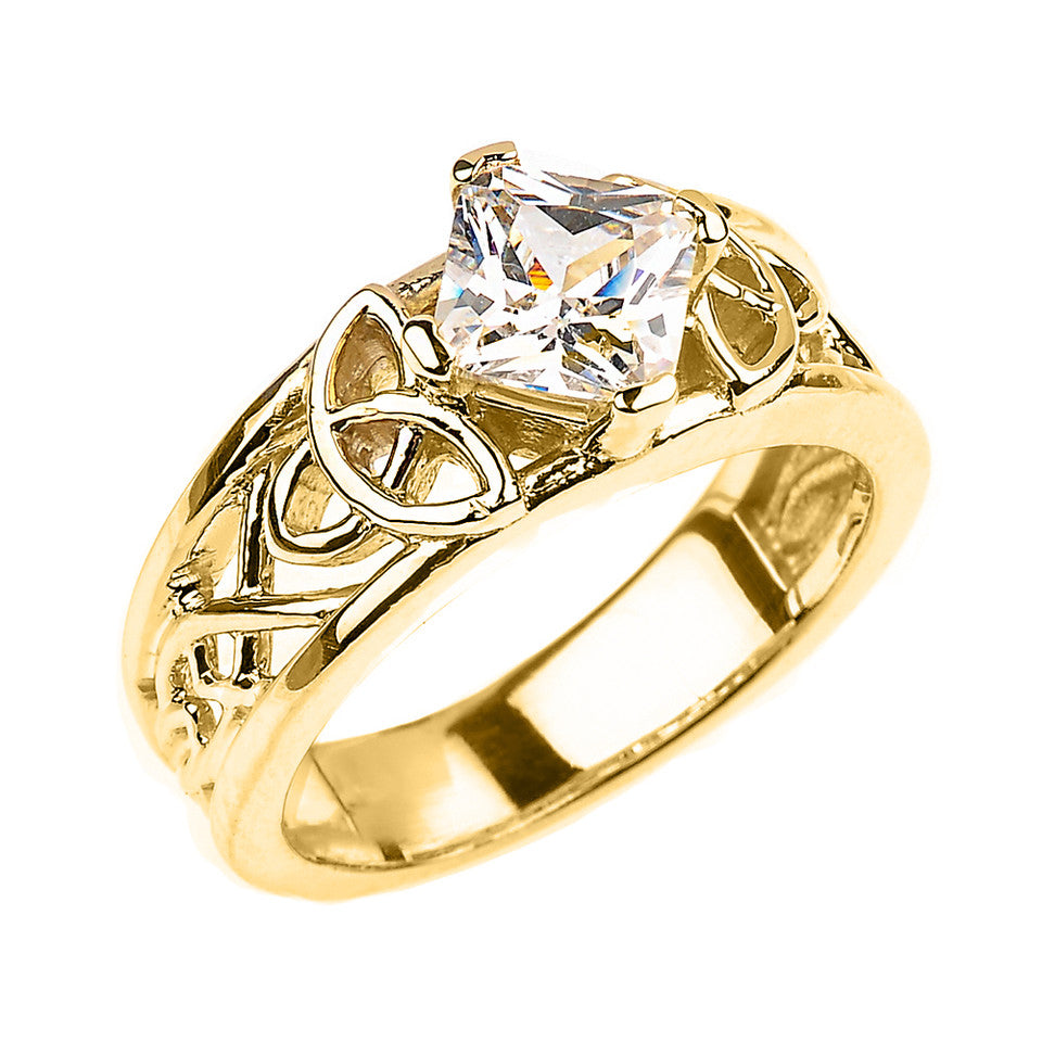 Gold Princess Cut Cubic Zirconia Irish Celtic Trinity Knot Band Ring, view 4