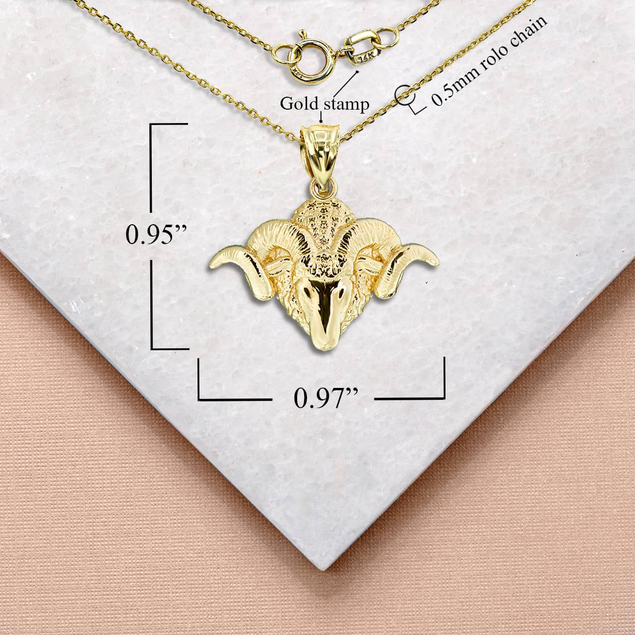 Gold Ram Head Bighorn Mountain Sheep Pendant Necklace, view 4