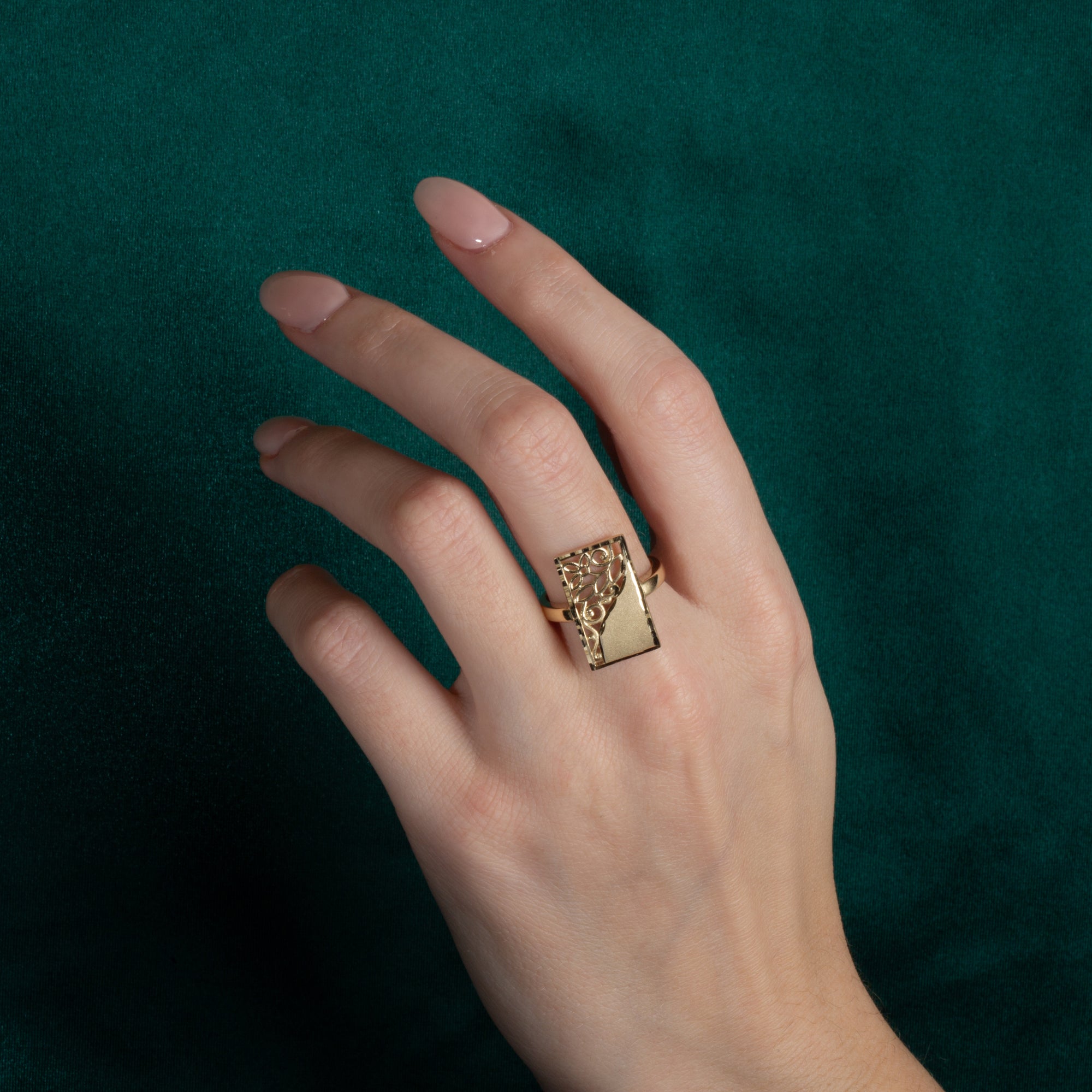 Gold Rectangle Diamond Cut Floral Statement Ring, view 2