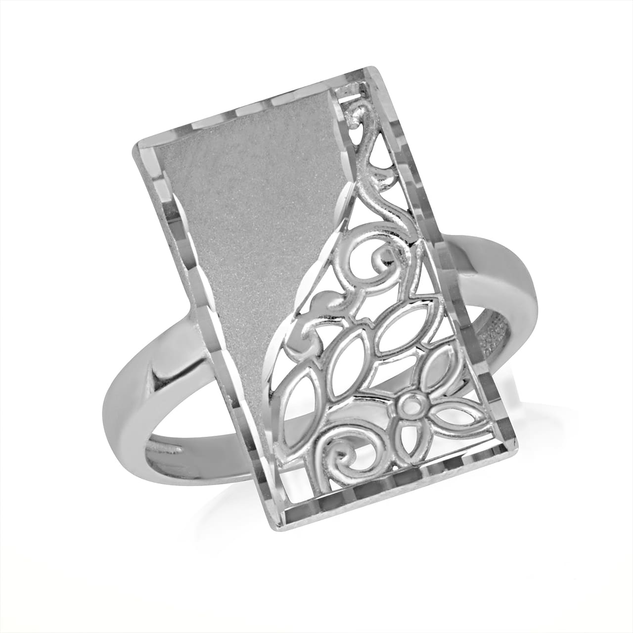 Gold Rectangle Diamond Cut Floral Statement Ring, view 3