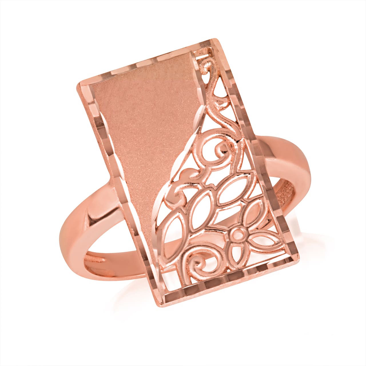 Gold Rectangle Diamond Cut Floral Statement Ring, view 4