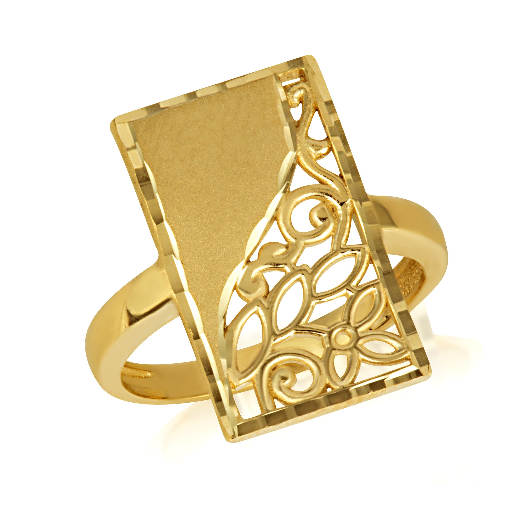 Gold Rectangle Diamond Cut Floral Statement Ring, view 5