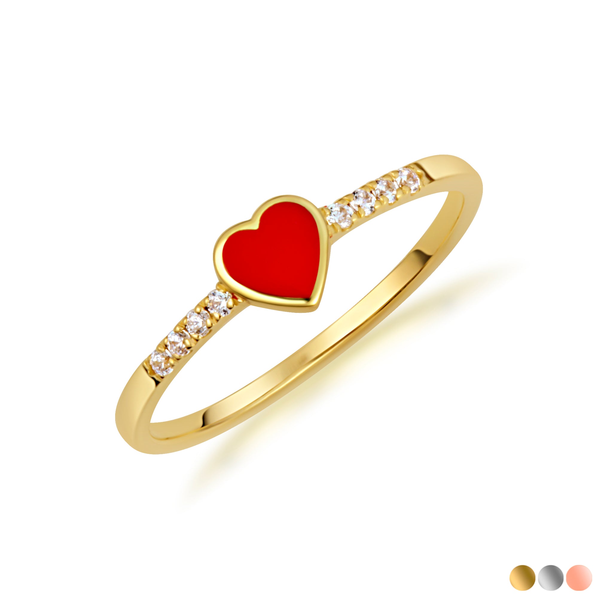 Gold Red Enamel Heart Lab-Grown Diamond Ring