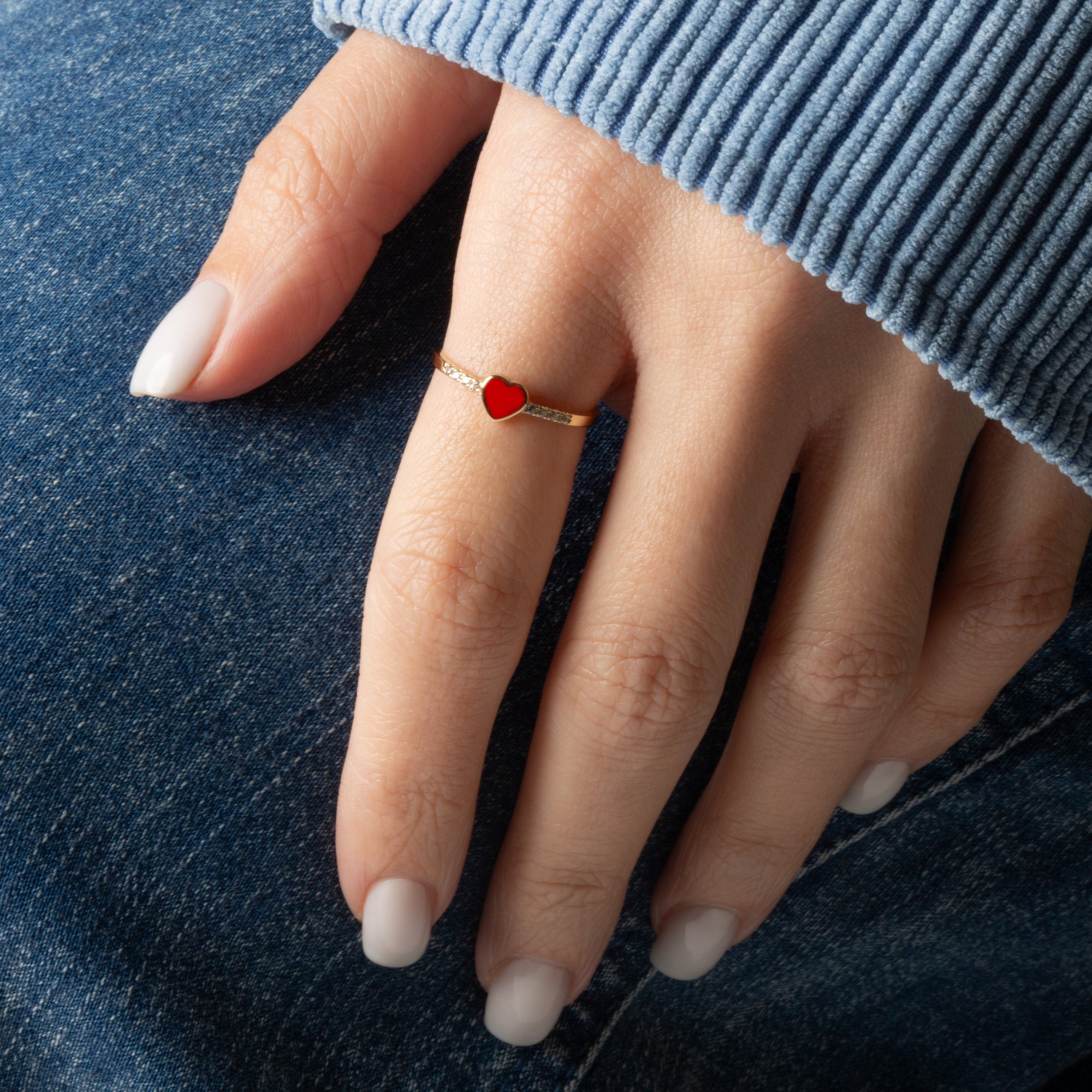 Gold Red Enamel Heart Lab-Grown Diamond Ring, view 2