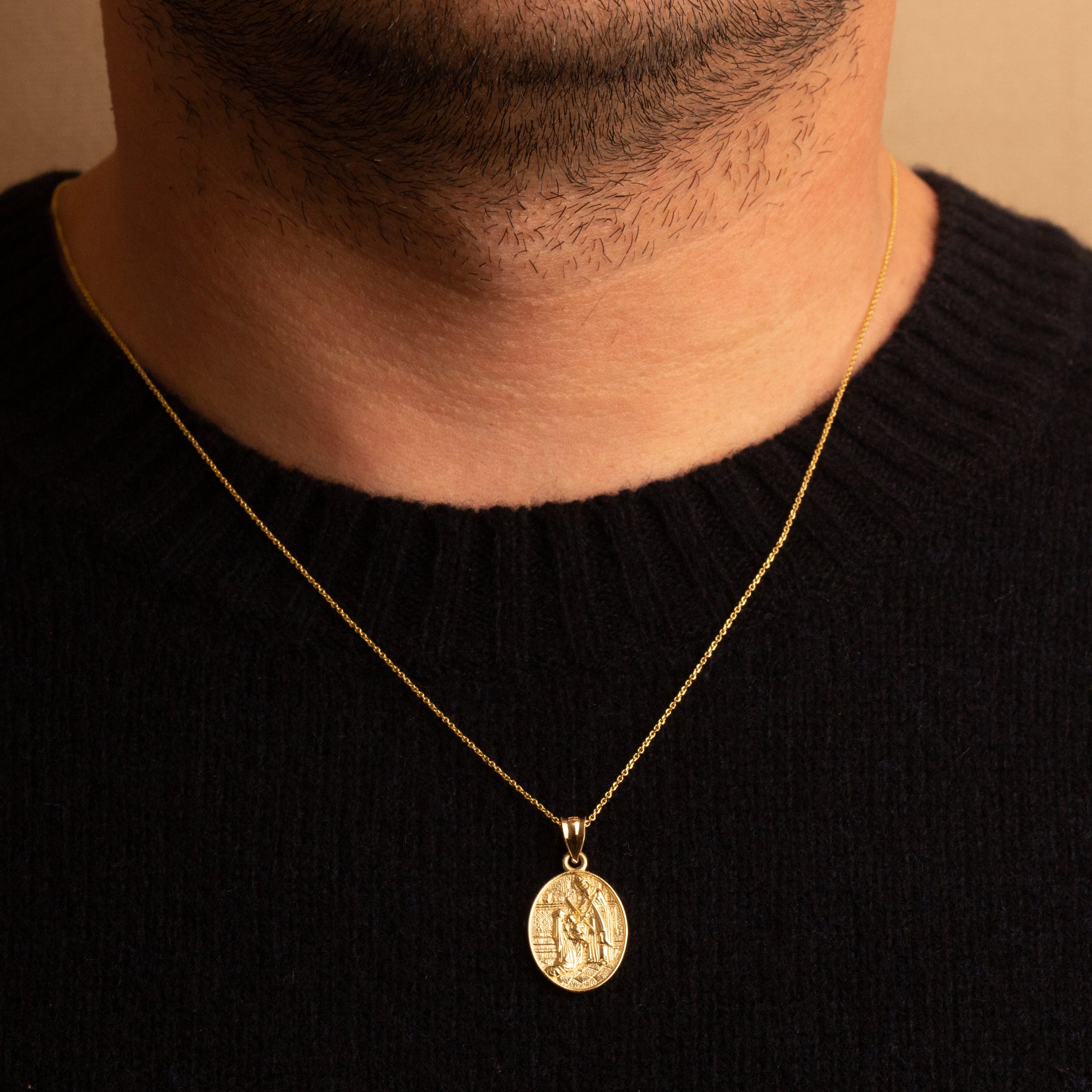 Gold Religious Baby Jesus Mary & Joseph Oval Medallion Pendant Necklace, view 2