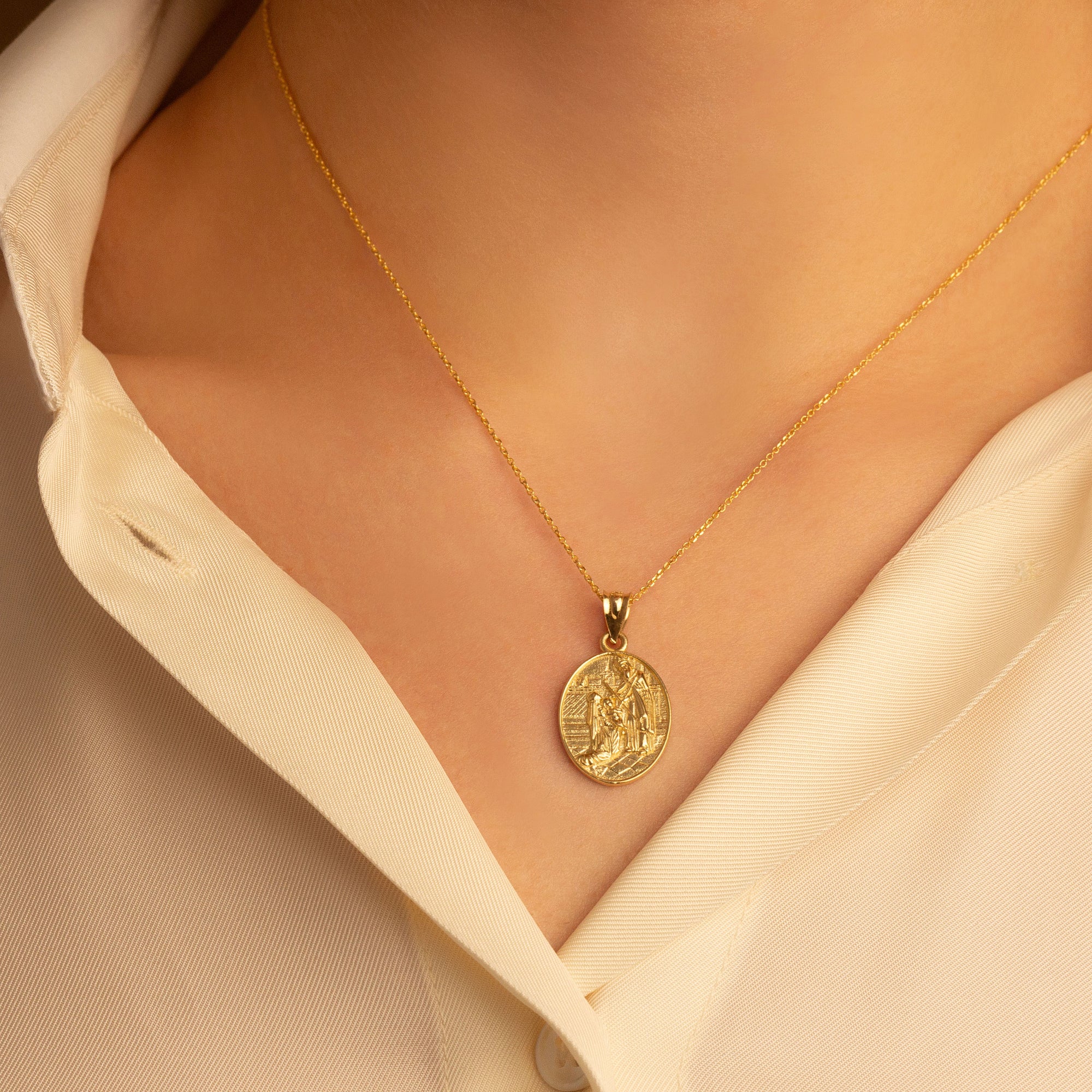 Gold Religious Baby Jesus Mary & Joseph Oval Medallion Pendant Necklace, view 3