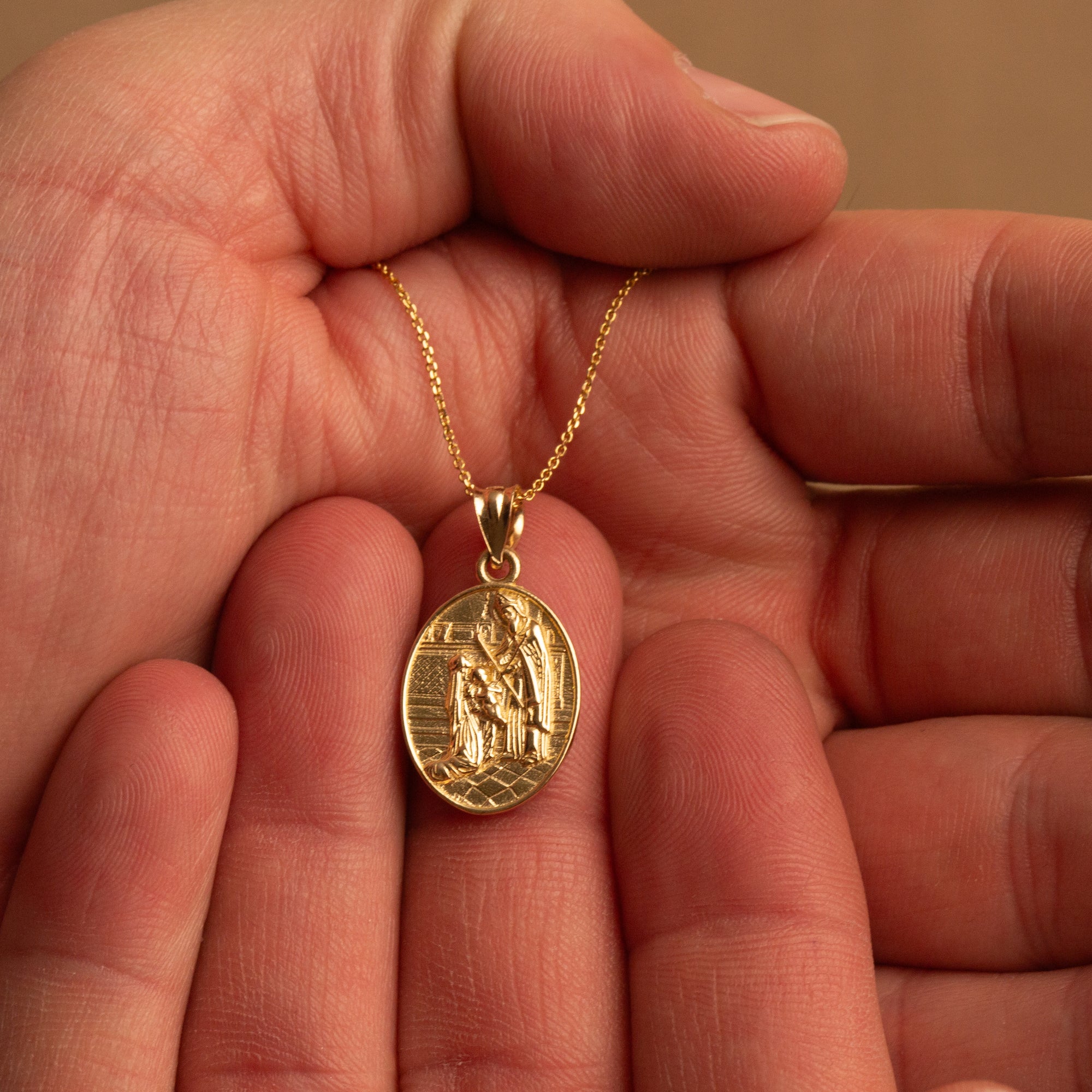 Gold Religious Baby Jesus Mary & Joseph Oval Medallion Pendant Necklace, view 4