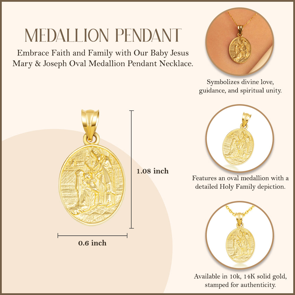 Gold Religious Baby Jesus Mary & Joseph Oval Medallion Pendant Necklace, view 5