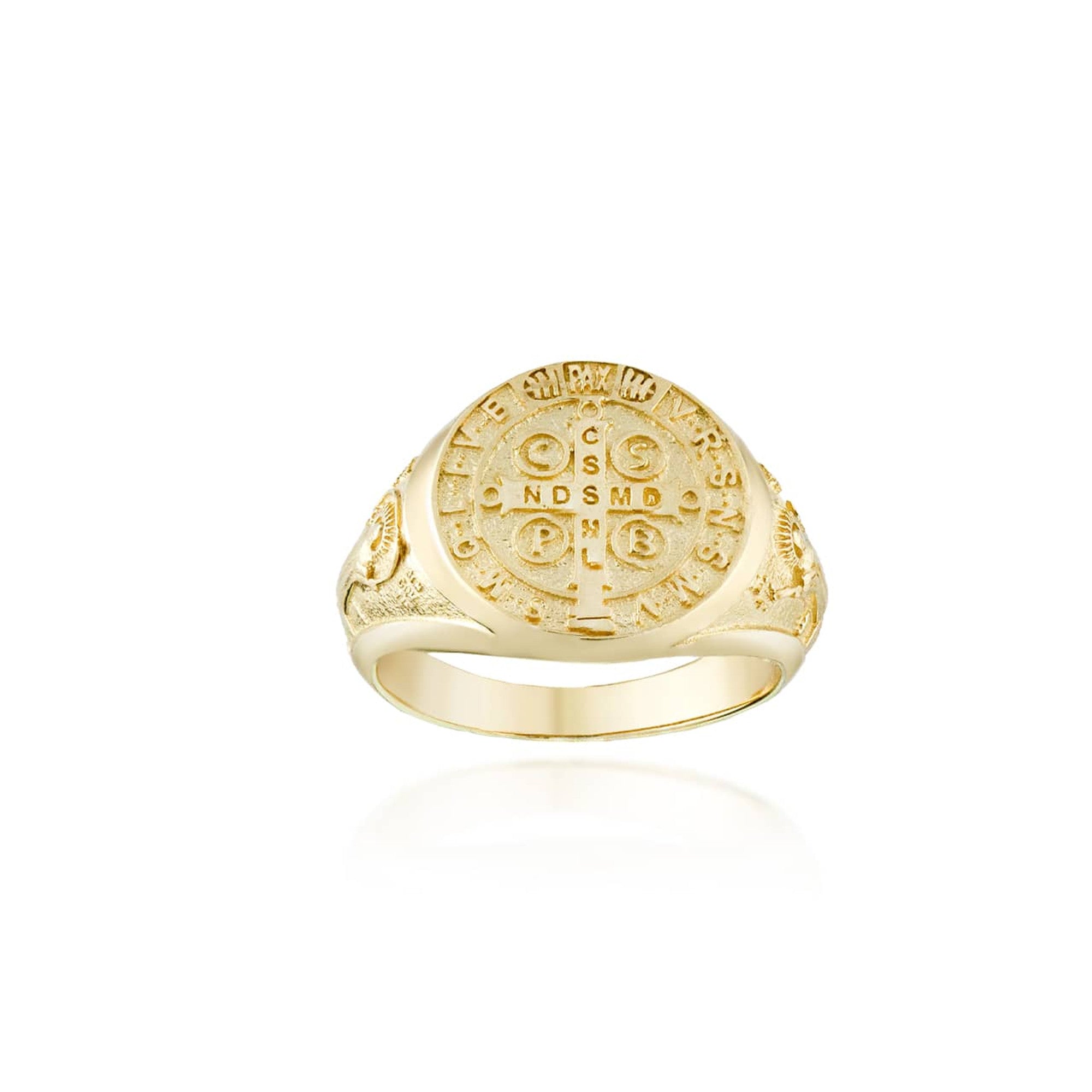 Gold Religious Patron Saint Benedict Cross Medal Signet Ring, view 8